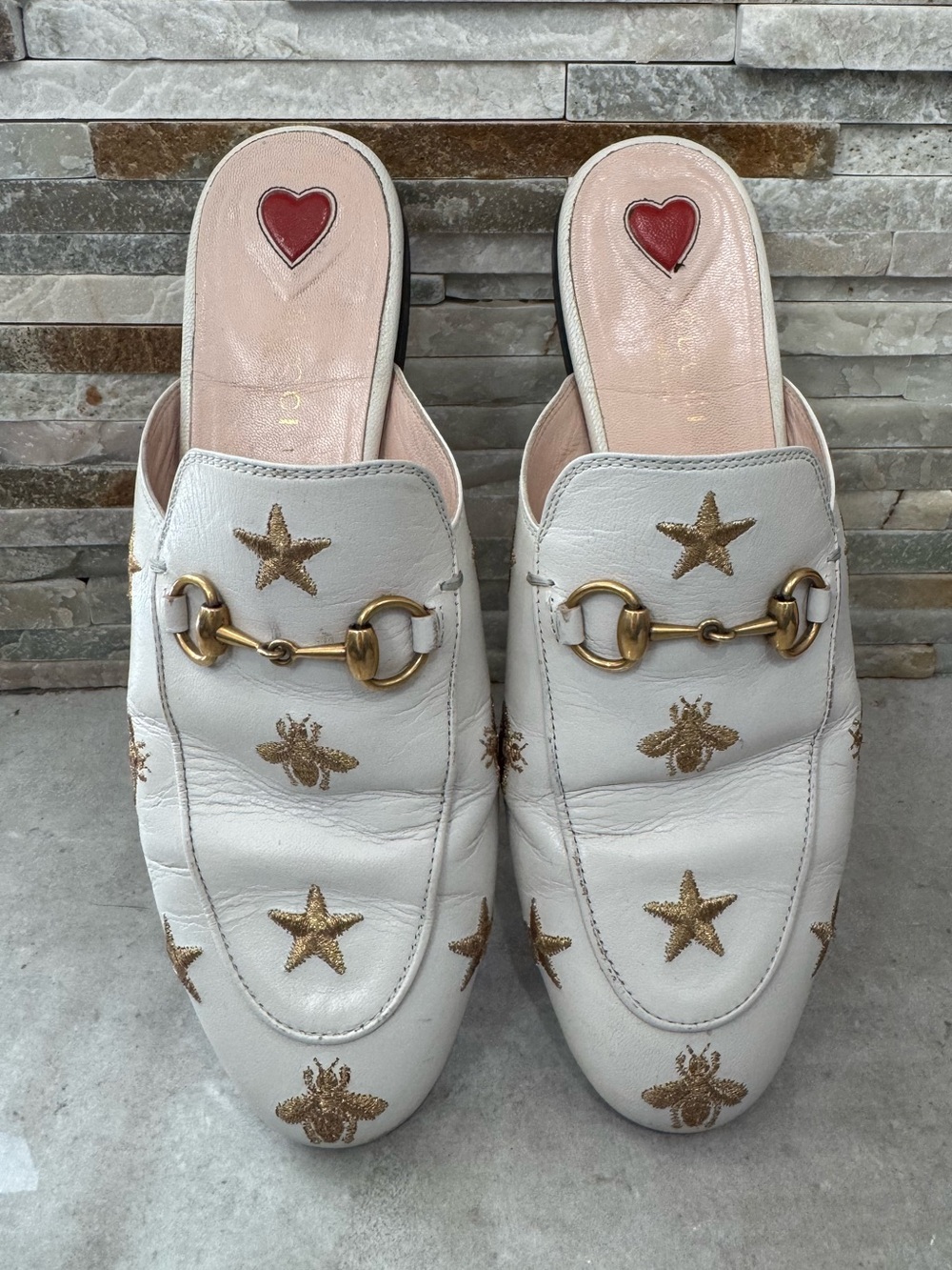 Gucci White Princetown Horsebit Mules with Gold Star & Bee Embroidery - Picture 4 of 9